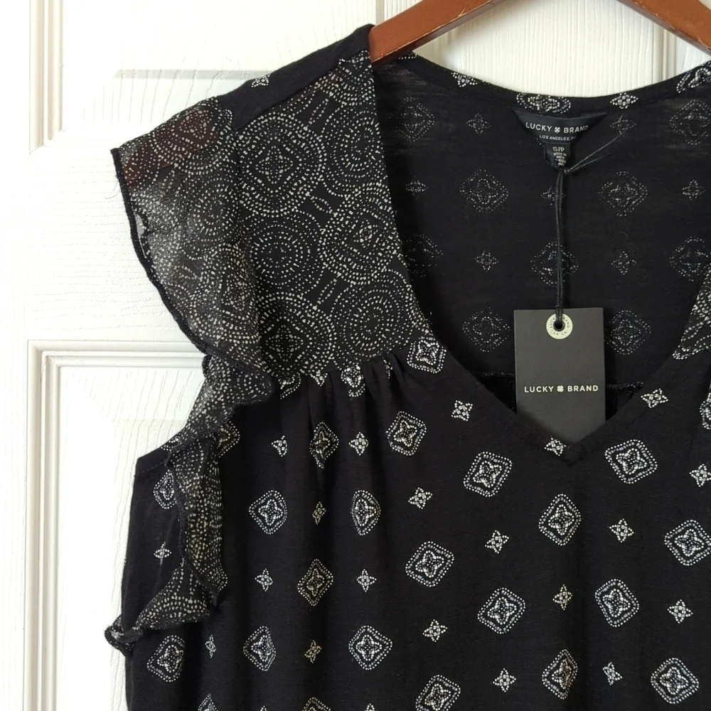 Lucky Brand Bohemian Printed Flutter Cap Sleeve Relaxed V-neck Blouse Black S - Picture 3 of 10